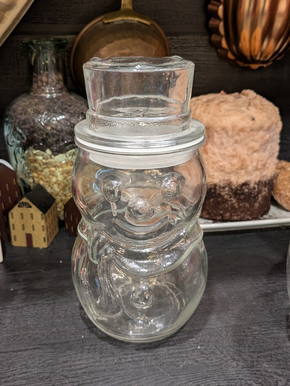 Vintage Libbey Glass Snowman Candy Jar Canister with Top Hat Lid